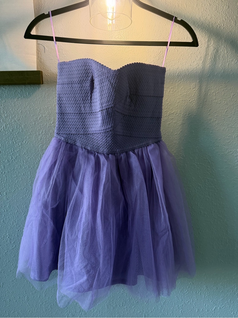Tobi Lavender Strapless Tulle Party Dress with Pink Spaghetti Straps